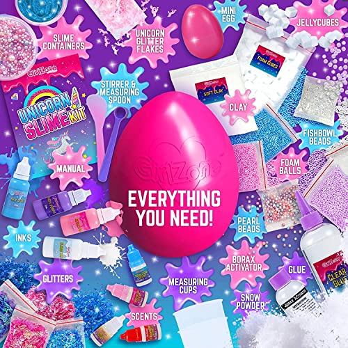 GirlZone Regalos para Niñas - Slime para Niños - Slime Kit Huevo Sorpresa de Fábrica de Slime Unicornio - Unicorn Egg Sparkly Surprise Fluffy Slime Kit 3 a 12 años