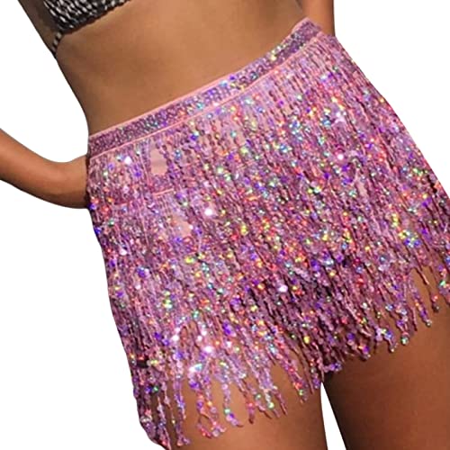 Glitter Skirt with Fringe Dance Skirt Women's Short Waisted and Sequin Trim Dance Skirt British Style Fashion Party and Carnival New Hot Mini Skirt (Pink, One Size)
