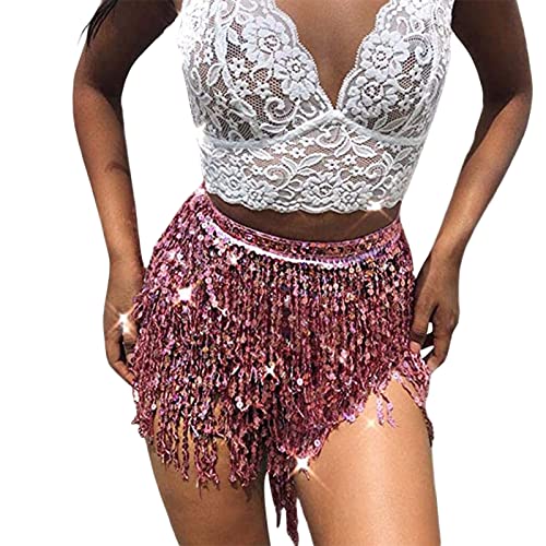 Glitter Skirt with Fringe Dance Skirt Women's Short Waisted and Sequin Trim Dance Skirt British Style Fashion Party and Carnival New Hot Mini Skirt (Pink, One Size)