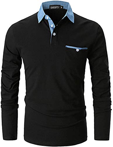 GNRSPTY Polo Hombre Manga Larga Denim Cuello Camisetas Algodón Camisas T-Shirt Golf Tennis Otoño Invierno Oficina,Negro,M