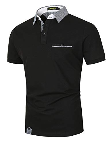 GNRSPTY Polos Manga Corta Hombre Verano Algodon Elegante con Bolsillo Real Casual Camisas Cuadros Golf Deporte Tennis Oficina T-Shirt Camisetas,Negro,L