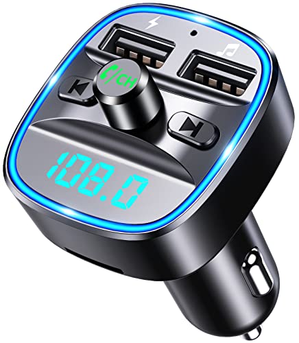 Goigrn Transmisor Bluetooth Coche, [Luz de Anillo Azul] Manos Libres Coche, Adaptador Bluetooth Coche con Doble USB Reproductor MP3 Mechero Coche, Adaptador Radio Soporte Tarjeta SD y U Disk