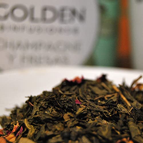 Golden Infusions - Té Verde con Champagne y Fresas - Infusión a Granel 100g - Diurético y Energético - Eliminación de Líquidos y Grasas - Efecto Antioxidante y adelgazante - Té con Pétalos de Rosas