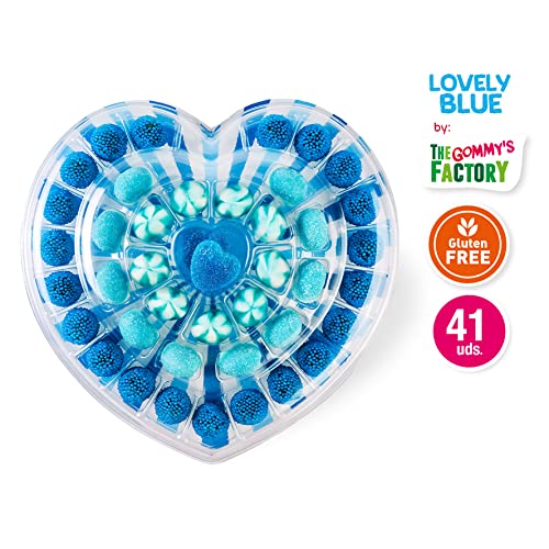 Gommy's Factory Lovely Blue (sin Gluten). Tarta Regalo De Gominolas Con Forma De Corazón, 42 Golosinas, 280 g
