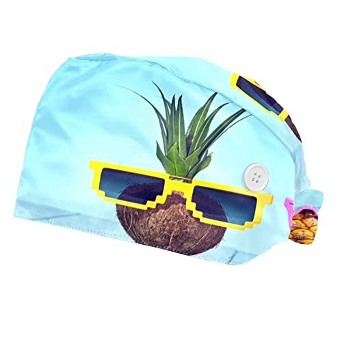 Gorra de trabajo con botón y banda para el sudor ajustable 2 piezas,Fruta Coconut Tropical Fashion Beach,Sombrero con lazo elástico estampado en la espalda
