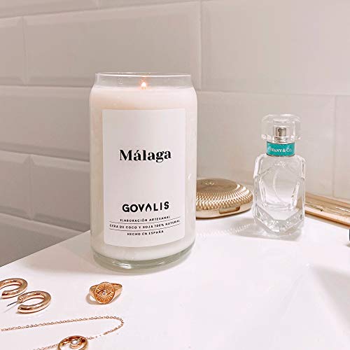 GOVALIS Vela Aromática Málaga | Cera de Soja 100% Natural | 100 Horas, Vela Perfumada Grande en Vaso, Viajes Recuerdos de Málaga, Regalos Originales para Amigos, Decoración, Yoga, Dormitorio, Baño