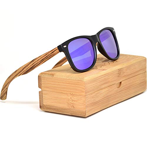 GOWOOD Gafas de sol para hombre y mujer con patillas de madera de zebrano y cristales polarizados azules