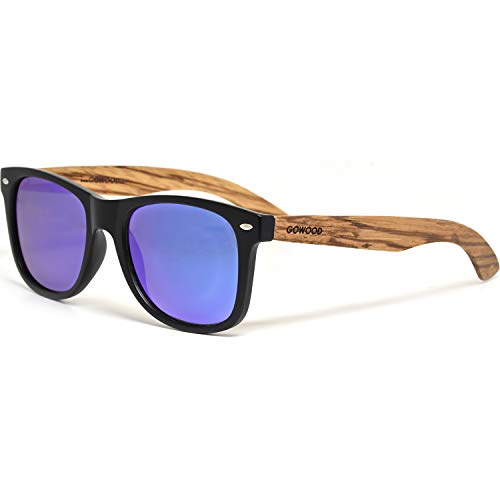 GOWOOD Gafas de sol para hombre y mujer con patillas de madera de zebrano y cristales polarizados azules