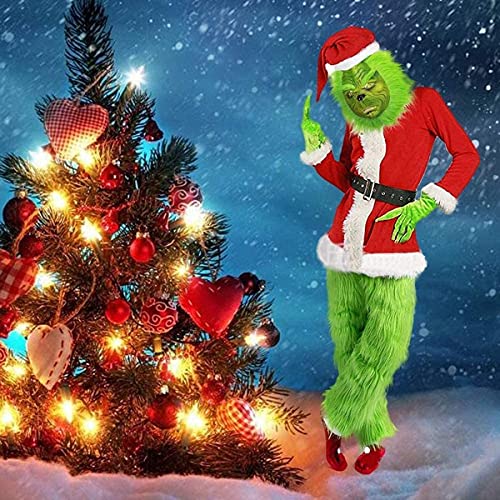 Grinch - Disfraz de Navidad para adultos, 7 unidades, color verde, disfraz de Papá Noel, traje de terciopelo para hombres, mujeres y niños, verde, L