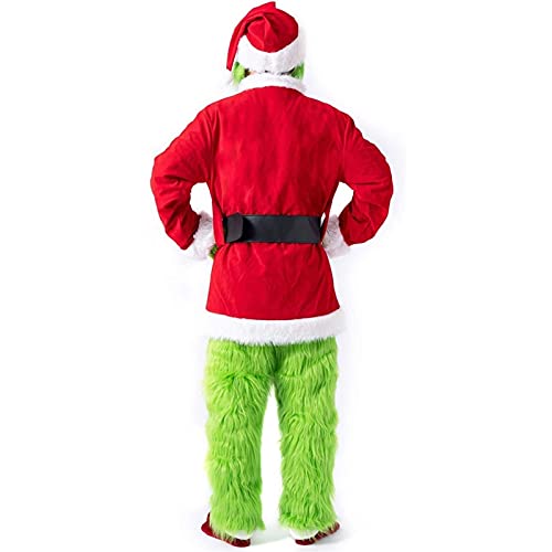 Grinch - Disfraz de Navidad para adultos, 7 unidades, color verde, disfraz de Papá Noel, traje de terciopelo para hombres, mujeres y niños, verde, L