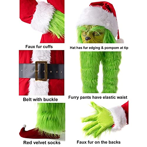 Grinch - Disfraz de Navidad para adultos, 7 unidades, color verde, disfraz de Papá Noel, traje de terciopelo para hombres, mujeres y niños, verde, L