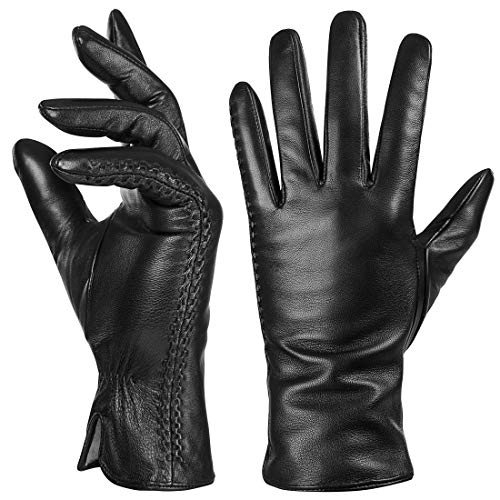 Guantes de piel de oveja genuina para mujer, cálidos de invierno para pantalla táctil, con forro de cachemira