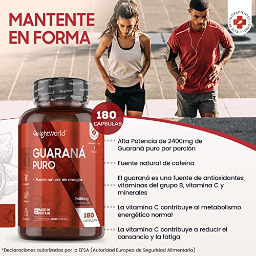 Guaraná Cápsulas Puro Dosis Alta 2400mg 180 Cápsulas Vegano - Suplemento Dietético de Extracto de Guaraná, 3 Meses de Suministro, Ingredientes de Origen Natural, Con 2 veces más Cafeína que el Café