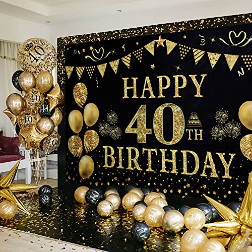 GuKKK 40 Años Decoración de Fiesta de Cumpleaños de Oro Negro, 40 Pancarta Feliz Cumpleaños, 15 Pcs Globos de Cumpleaños, Fondo Foto Cumpleaños, Póster de Tela Cartel Extra Grande para Niños Niñas