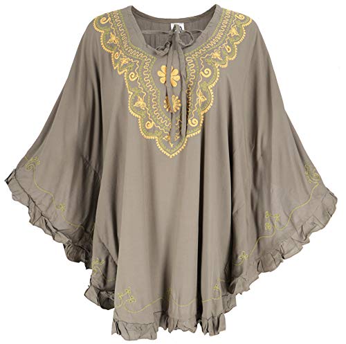 GURU SHOP Poncho hippie bordado, túnica, caftán, vestido de playa, talla grande, para mujer, gris, sintético, talla única, blusas y túnica, ropa alternativa, caqui, Tallaúnica