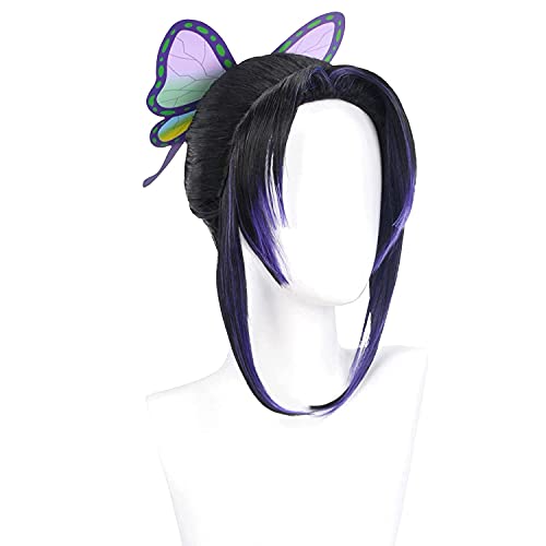 GZIRUE Peluca Shinobu Kocho Cosplay Wig Peluca Morada Negra con Pinza de Pelo de Mariposa Disfraz de Anime