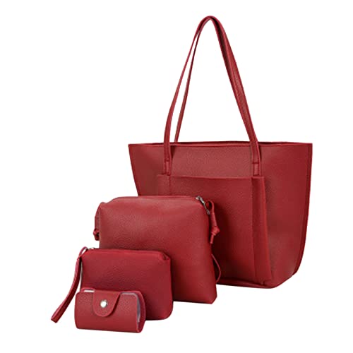 Handbag Bag Handbag 4-Piece Shoulder Bags Shopper Tote Set Women's Holder Purse Bag (Red, One Size)
