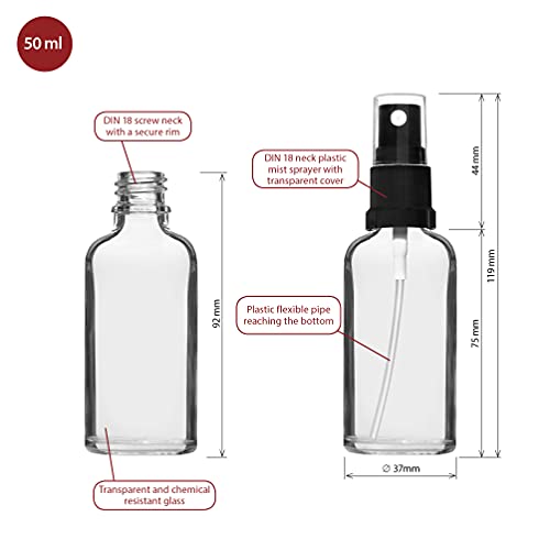 HandsUnity 50ml-12 piezas de Botella de Vidrio para Rociador - Botellas de Vidrio Transparente para Farmacia con Botella de Vidrio Atomizador Negro Hecha de Vidrio Claro que incluye 29 Accesorios
