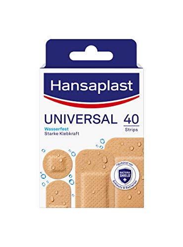 Hansaplast Tiritas universales para heridas, resistentes al agua y la suciedad, juego de tiritas de adhesivo fuerte y Bacteria Shield, 40 tiras.