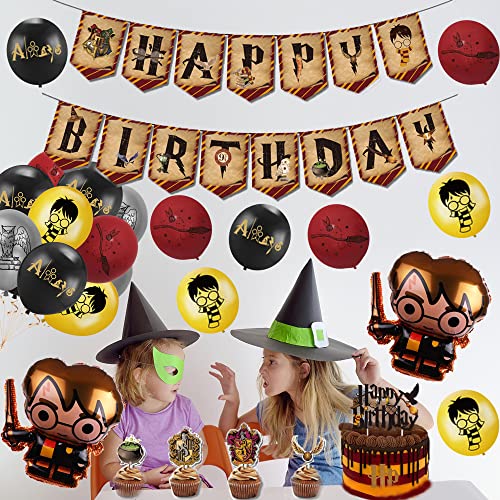 Harry Potter Fiesta de Cumpleaños Decoracion Wizard Globos Pancarta de Feliz Cumpleaños Adornos para Tartas Globo de Papel de Aluminio para Niños Mago Favor de Fiesta Temática