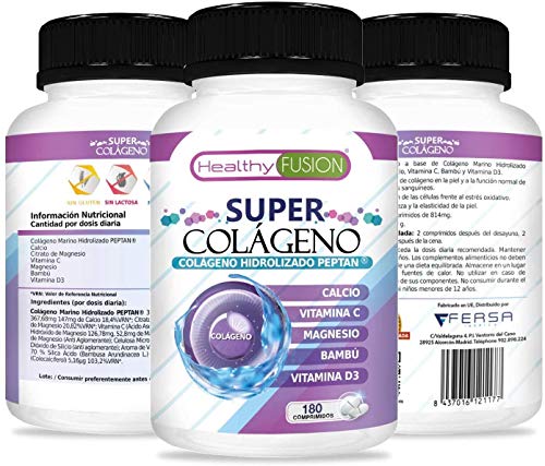 Healthy Fusion Colágeno Marino Hidrolizado Peptan con Magnesio, Bambú, Calcio, Vitaminas C y D3, Reafirmante e Hidratante de la Piel, Protege y Cuida las Articulaciones, 80 Comprimidos