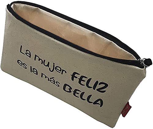 Hello-Bags. Bolso Neceser/Cartera de Mano. Algodón 100%. Modelo LAMUJERFELIZ. Blanco. con Cremallera y Forro Interior. 23 * 15,5 cm. Incluye Bonito sobre Kraft de Regalo.