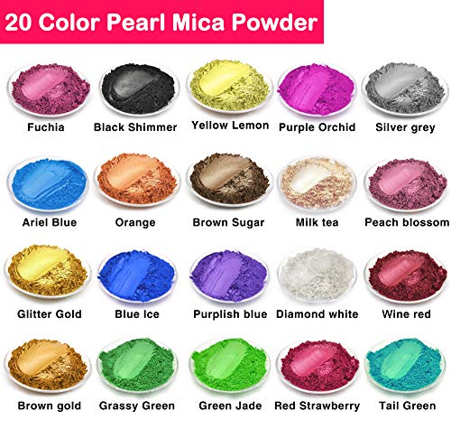 HEMOER Polvo de Mica, Pigmento de Resina Epoxi de 20 Colores, Tinte de Jabón Natural, Tinte en Polvo Metálico para Hacer Joyas, Bombas de Baño, Velas, Decoración de Uñas (10 g por botella)