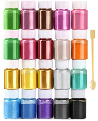 HEMOER Polvo de Mica, Pigmento de Resina Epoxi de 20 Colores, Tinte de Jabón Natural, Tinte en Polvo Metálico para Hacer Joyas, Bombas de Baño, Velas, Decoración de Uñas (10 g por botella)