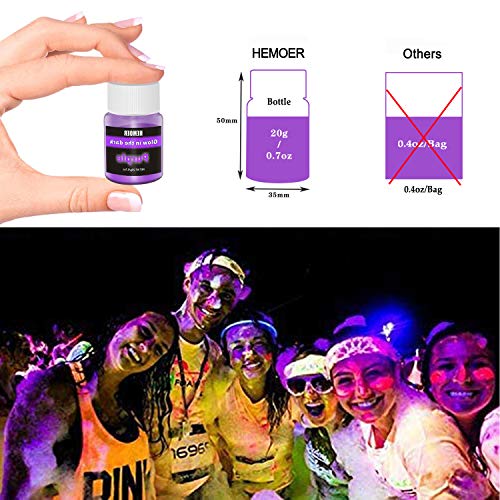 HEMOER Polvo Fluorescente, 12 colores Pigmentos Luminiscente para Pintura, uñas, manualidades, resina epoxi, cara, cuerpo, Pintura en polvo fluorescente 12 x 20gr