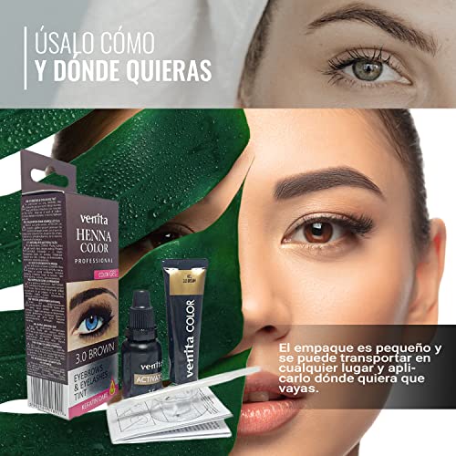 Henna Color para Cejas y Pestañas Profesionales-Tinte en Color Brown (Marrón Oscuro) con Fórmula de Keratina-Kit Henna 15 ml