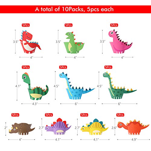 HENTEK Cupcake de Dinosaurio, 50 Sets Envoltorios de Pastel Estegosaurio Tiranosaurio Triceratops Plesiosaurio Suministros de Fiestas Temáticas Jurásico Baby Shower Carnaval