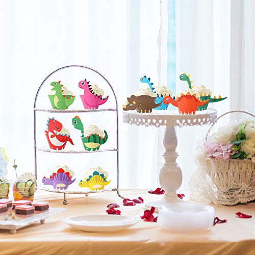 HENTEK Cupcake de Dinosaurio, 50 Sets Envoltorios de Pastel Estegosaurio Tiranosaurio Triceratops Plesiosaurio Suministros de Fiestas Temáticas Jurásico Baby Shower Carnaval