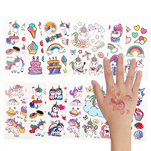 Herefun Tatuajes de Niños, Tatuajes Temporales Kit, 12Pcs Unicornio Tatuajes Temporales, Tatuajes Temporales para Niños Falso Tatuajes Pegatinas para Cumpleaños de Niños Regalo