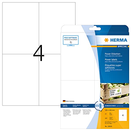 Herma 10909 - Etiquetas adhesivas 105 x 148 mm, 25 hojas de 4 unidades por hoja, total 100 unidades, blanco