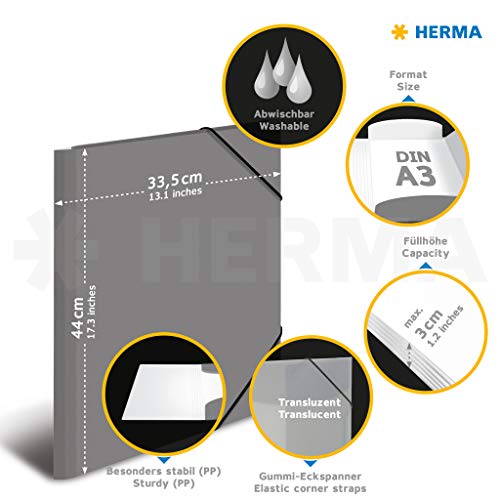 HERMA 19514 Carpeta de dibujo Translúcido en Amarillo, A3, plástico resistente, con 3 solapas interiores, carpeta de 1 palmo