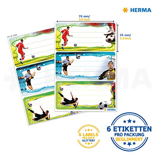 HERMA 5588 - Etiquetas autoadhesivas para libros con diseño de jugador de fútbol, para la escuela para niños, niñas y niños, 6 etiquetas escolares, 76 x 35 mm