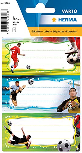 HERMA 5588 - Etiquetas autoadhesivas para libros con diseño de jugador de fútbol, para la escuela para niños, niñas y niños, 6 etiquetas escolares, 76 x 35 mm