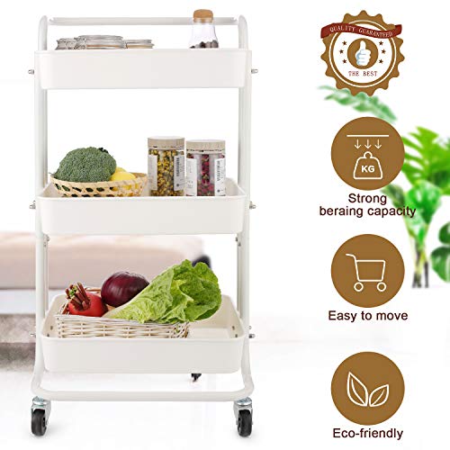 Himimi - Carro de Cocina de 3 Niveles, Carrito con Ruedas bloqueables, Canasta de Malla para Cocina, baño de Oficina, Blanco