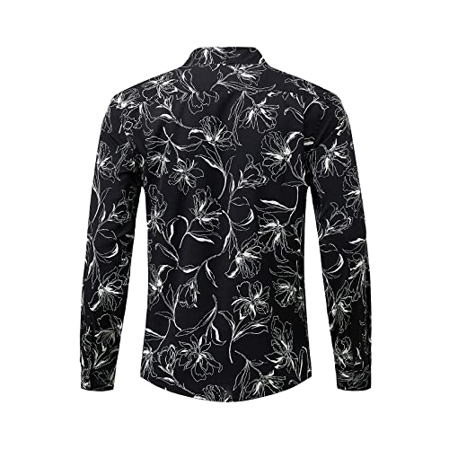 HISDERN Camisa Negra Flores Hombre de Manga Larga Camisas con Botones Estampado Floral Regular Fit Elegante Informale Casual Shirt para Fiesta Club