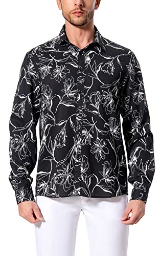 HISDERN Camisa Negra Flores Hombre de Manga Larga Camisas con Botones Estampado Floral Regular Fit Elegante Informale Casual Shirt para Fiesta Club