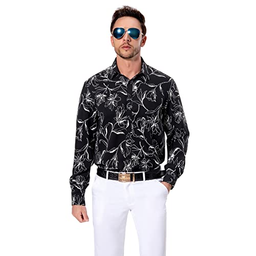 HISDERN Camisa Negra Flores Hombre de Manga Larga Camisas con Botones Estampado Floral Regular Fit Elegante Informale Casual Shirt para Fiesta Club