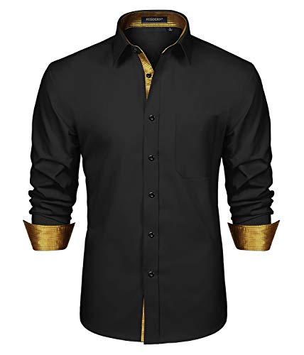 HISDERN Camisa para Hombre Casual Formales Clásico con Botones Camisas de Vestir Cuello de Manga Larga Ajuste Oro Negro