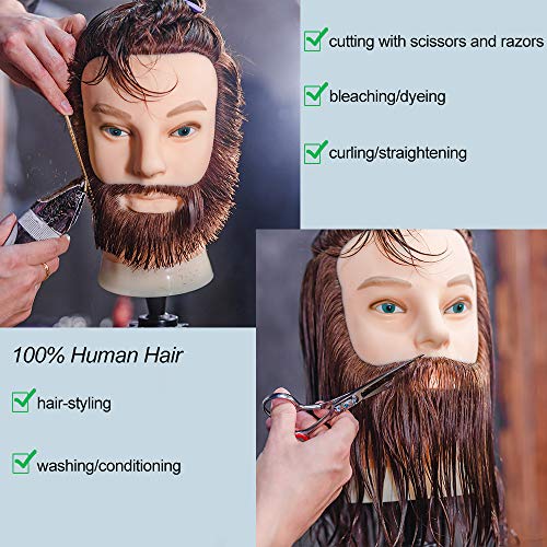 HLRM Cabeza Maniquí hombre barba y bigote 100% Pelo Natural Peluqueria practicas Formación Muñeca de la Cosmetología con soporte (adecuado para decoloración y teñido)