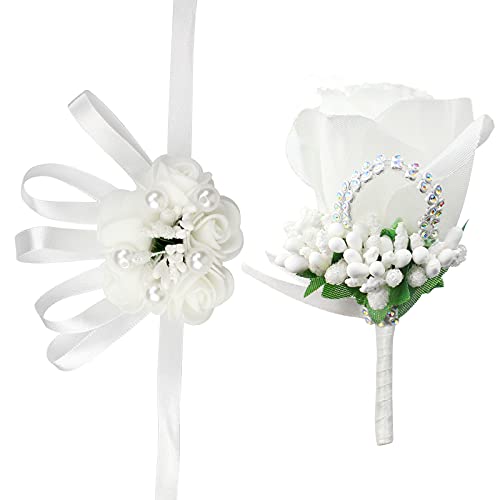 hocadon Paquete de 2 Boutonniere de Boda, Novio Ramillete de Rosa, Dama de Honor Boda muñeca Flor, Artificial Boutonnieres para Bodas, Aniversarios, Banquetes y Otros(Blanco)