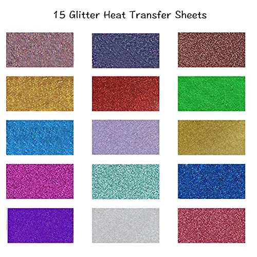 Hojas de vinilo de transferencia de calor con purpurina de 15 colores, para planchar, paquetes de vinilo brillante HTV para manualidades, camisetas, gorros, suministros de ropa, 30,5 x 25,4 cm