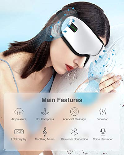 HOMIEE Masajeador de Ojos, con presión de Calor, vibración, Modo de presión de Aire, Plegable eléctrico, música de Bluetooth, Alivia eficazmente la Fatiga Ocular y Las ojeras Debajo de los Ojos