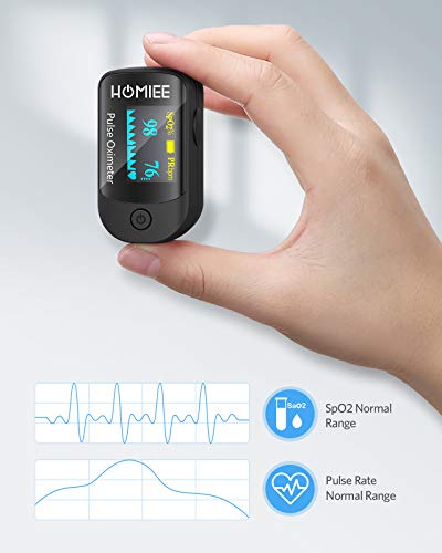 HOMIEE Oxímetro de Pulso, Pulsioxímetro de Dedo Profesional con Pantalla OLED, Oxímetro Portátil, Medidor de Oxígeno en Sangre SpO2, para Adultos y Niños, Familias (Negro)