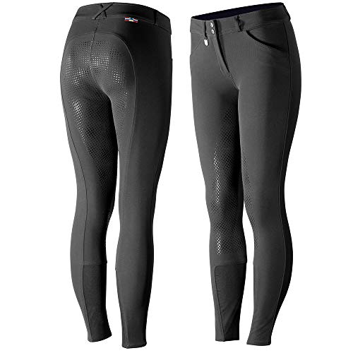 HORZE Pantalones de Montar Grand Prix para Mujer con Asiento Completo de Silicona para un Mejor Agarre, Cintura Media, Resistentes al Agua y la Suciedad, Todas Las Tallas, Negro, 38