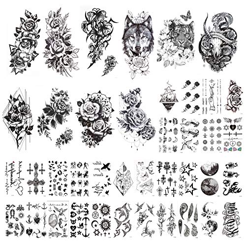 HOWAF 40hojas Tatuaje temporal negro de Gran Colección de Flores rosa Luna León Tigre Totem,Sexy Impermeables tatuajes temporales para adultos hombres y mujeres