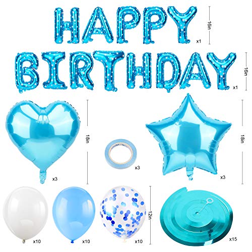 HOWAF Blue Birthday Decorations Supplies for Boy Him, Blue Balloon Hanging Swirl Decoration for Boy Men Boy Birthday, Heart Star Happy Birthday Foil Balloon, Confetti Latex Balloon for Boy Birthday